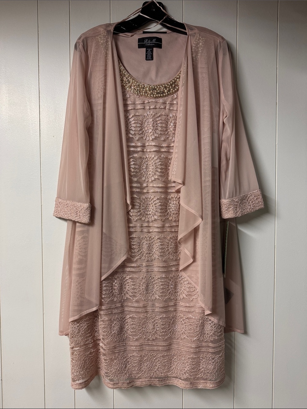 R&M Richards Blush Beaded Lace Dress with Sheer Drape Jacket